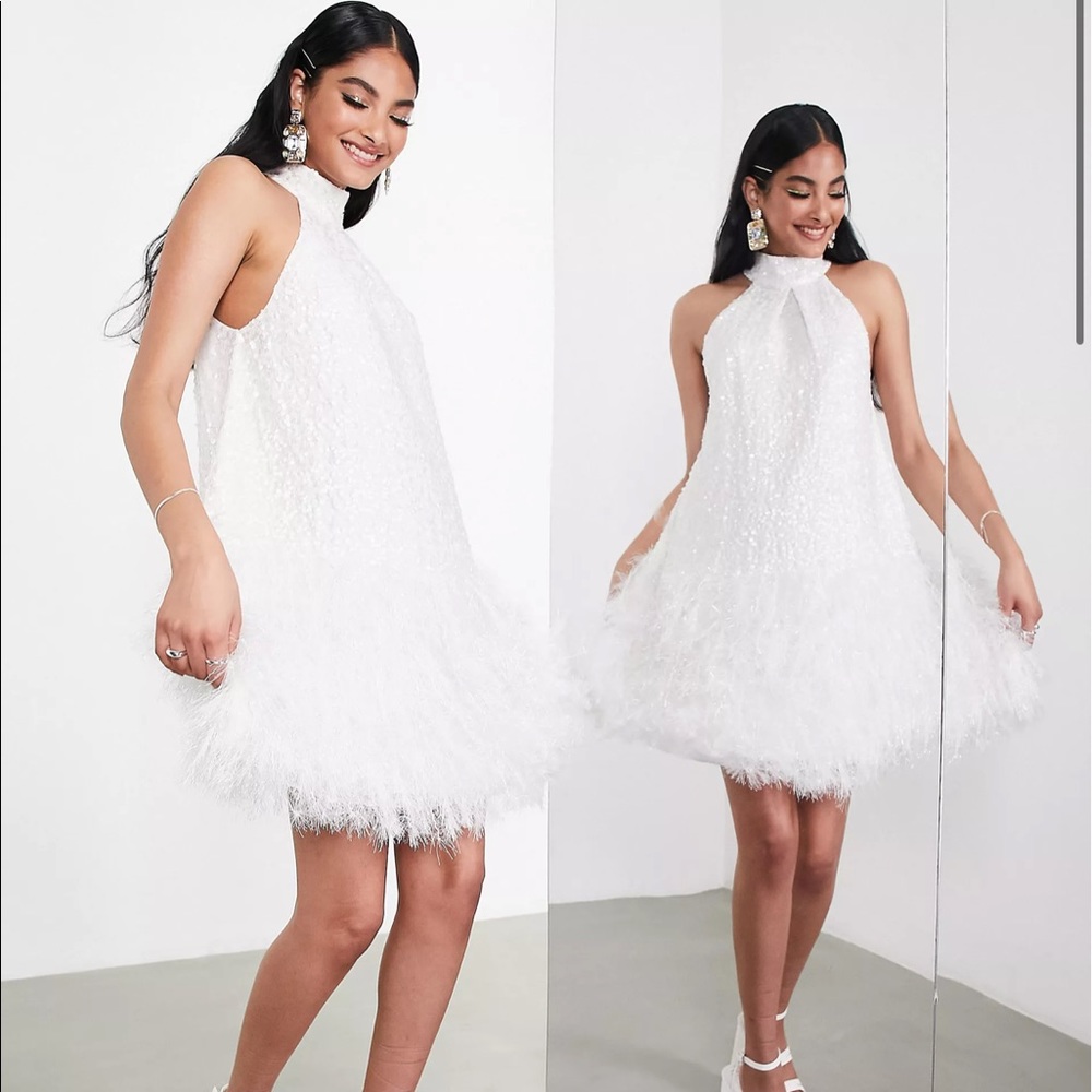 ASOS EDITION sequin halter mini dress with feather hem in ivory
